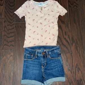 Old Navy Toddler Girl denim shorts and fitted floral shirt